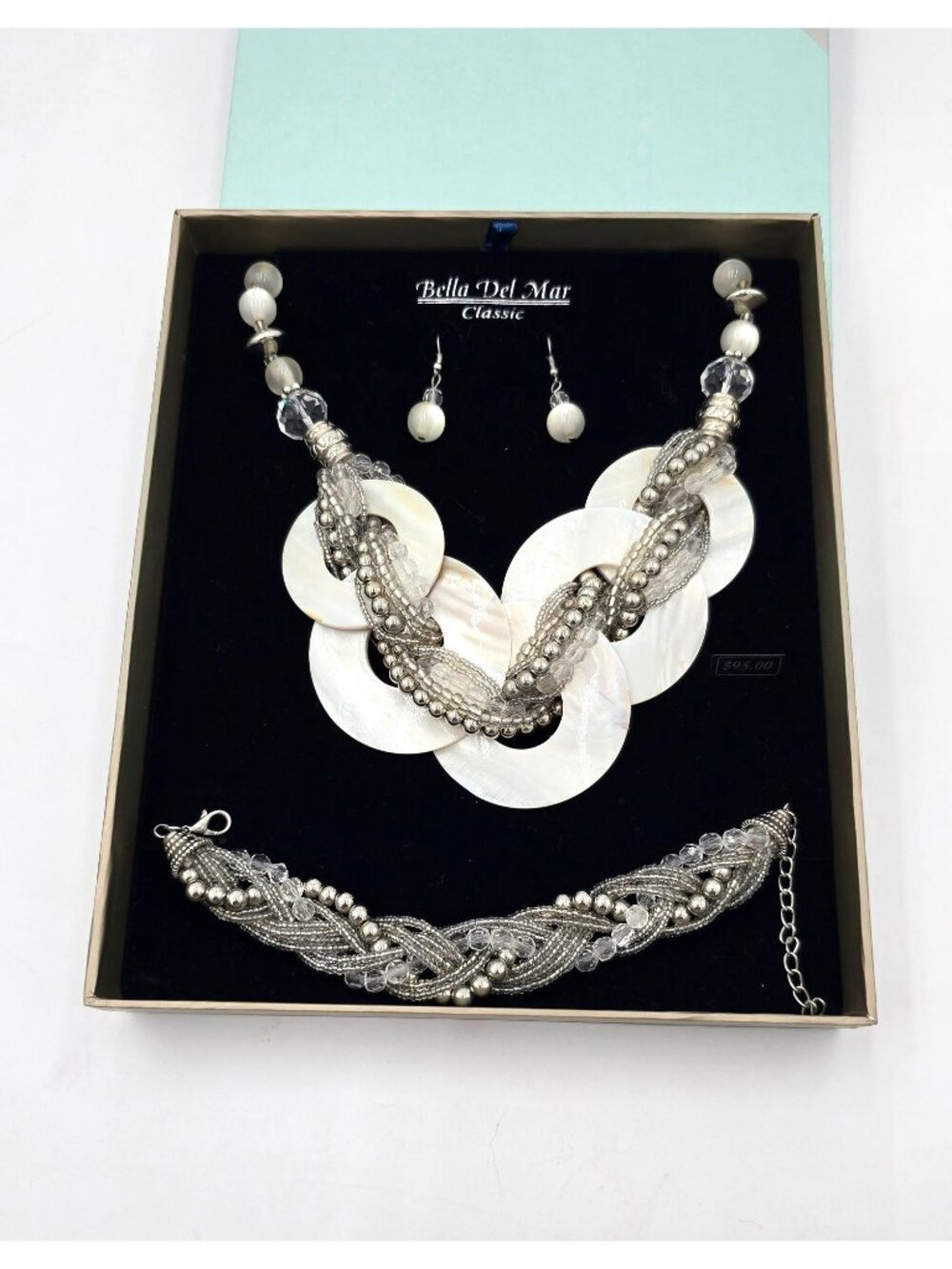 Bella Del Mar Mother of Pearl Jewelry Set of 3 Necklace Bracelet Earrings NOS